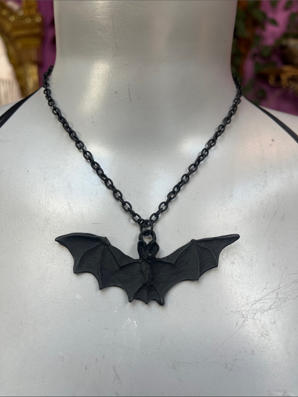 Goth black tone metal bat necklace